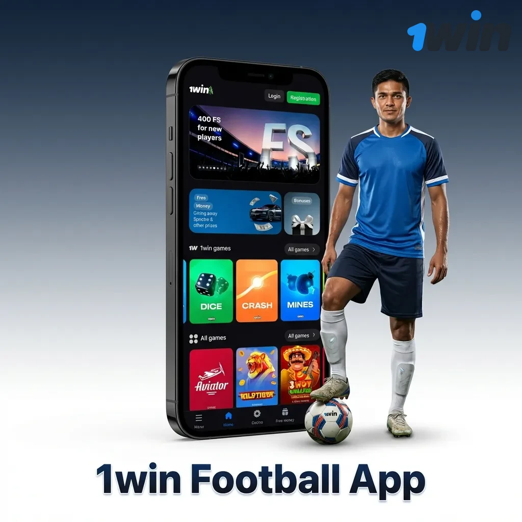 Mobile phone displaying 1win football betting app interface with live matches and betting options on screen