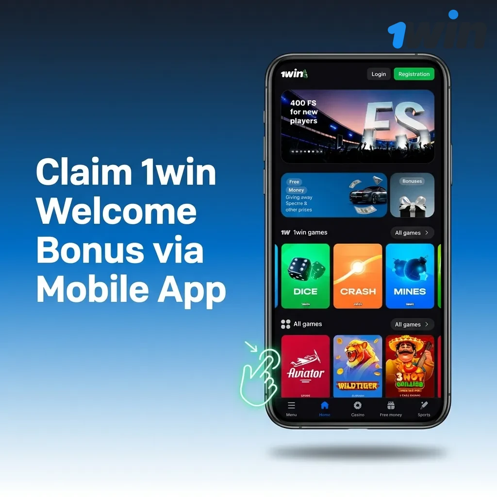 1win mobile app registration screen showing welcome bonus claim process on smartphone