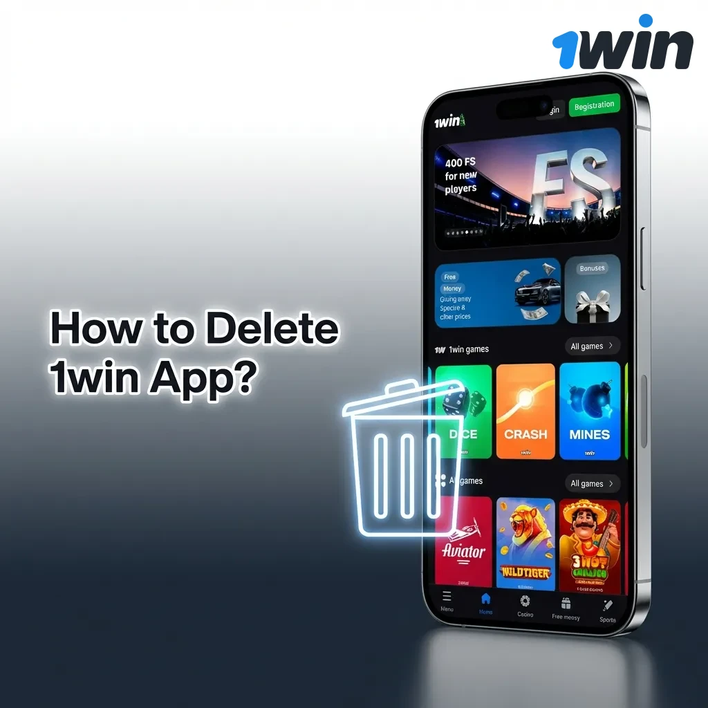 Person uninstalling 1win app on smartphone by long-pressing app icon and selecting uninstall option