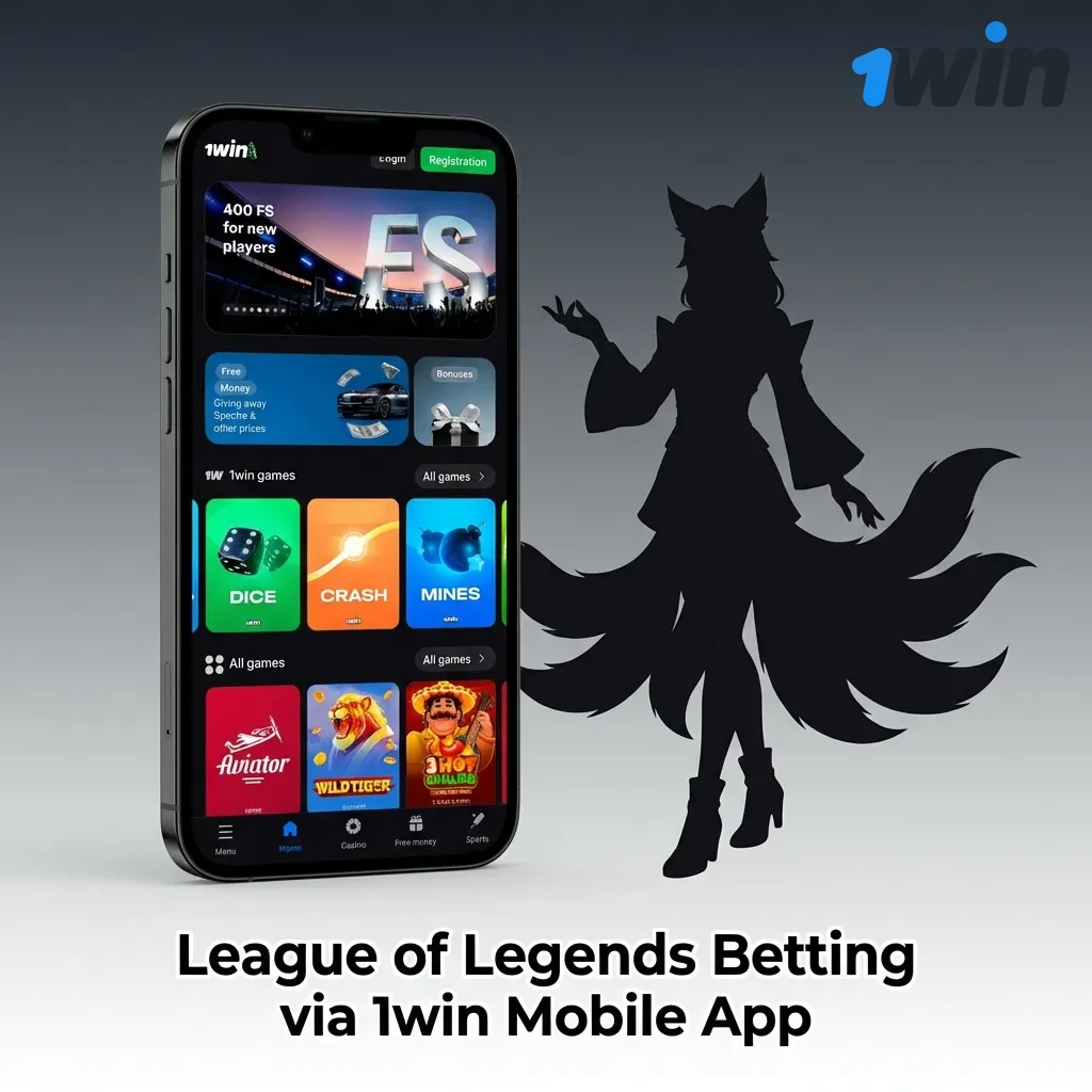 1win mobile app interface showing League of Legends esports betting options with match listings and odds