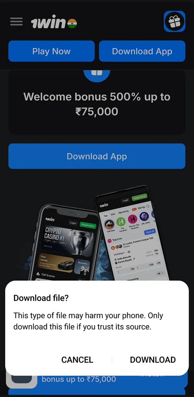 Agree to the download in the pop-up window on 1win.