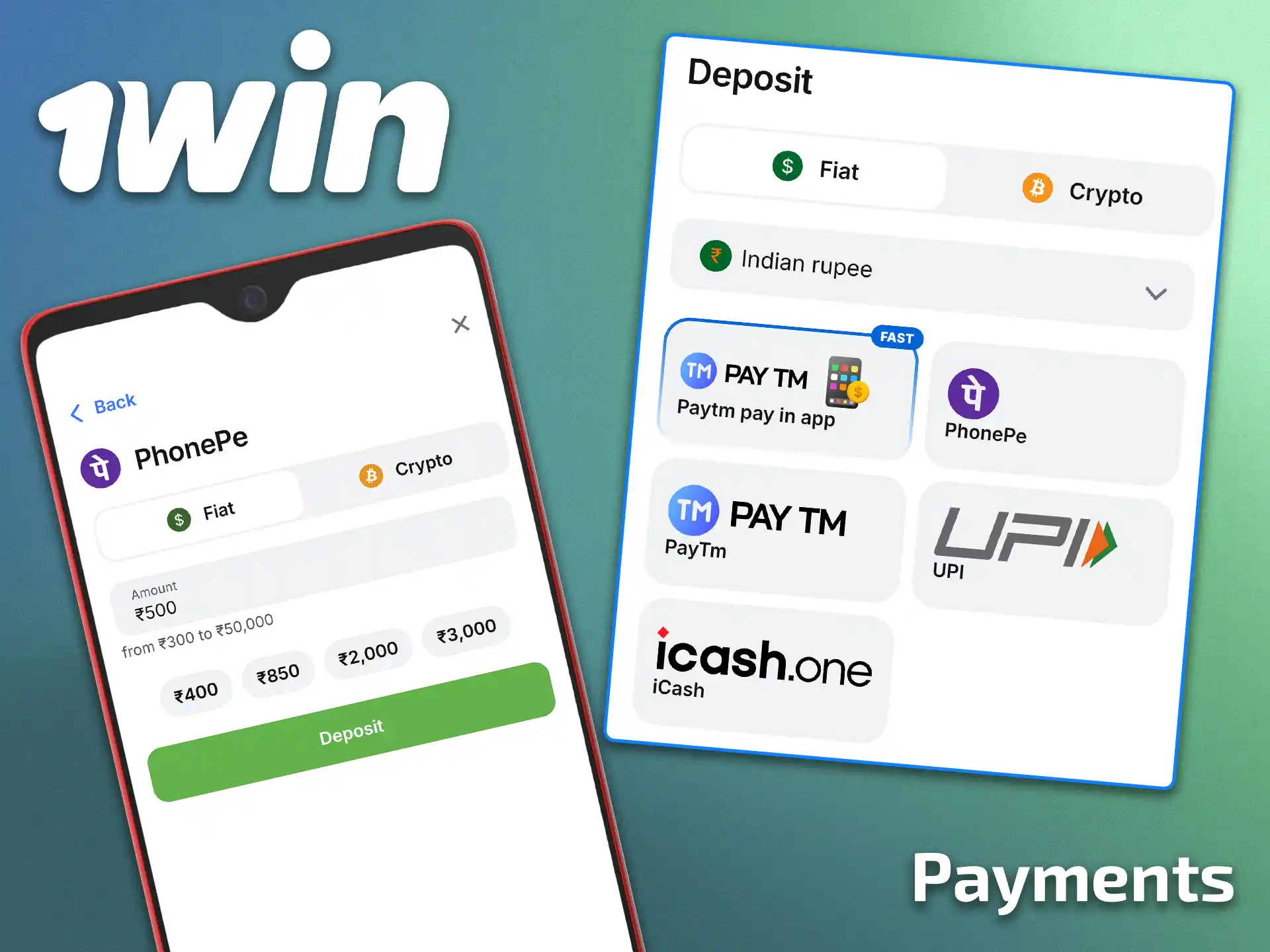 Use local transaction instruments for payments in the 1win app.