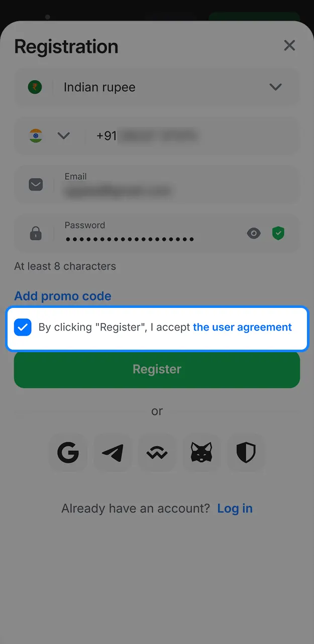 Complete the registration process and accept the terms and conditions on 1win.