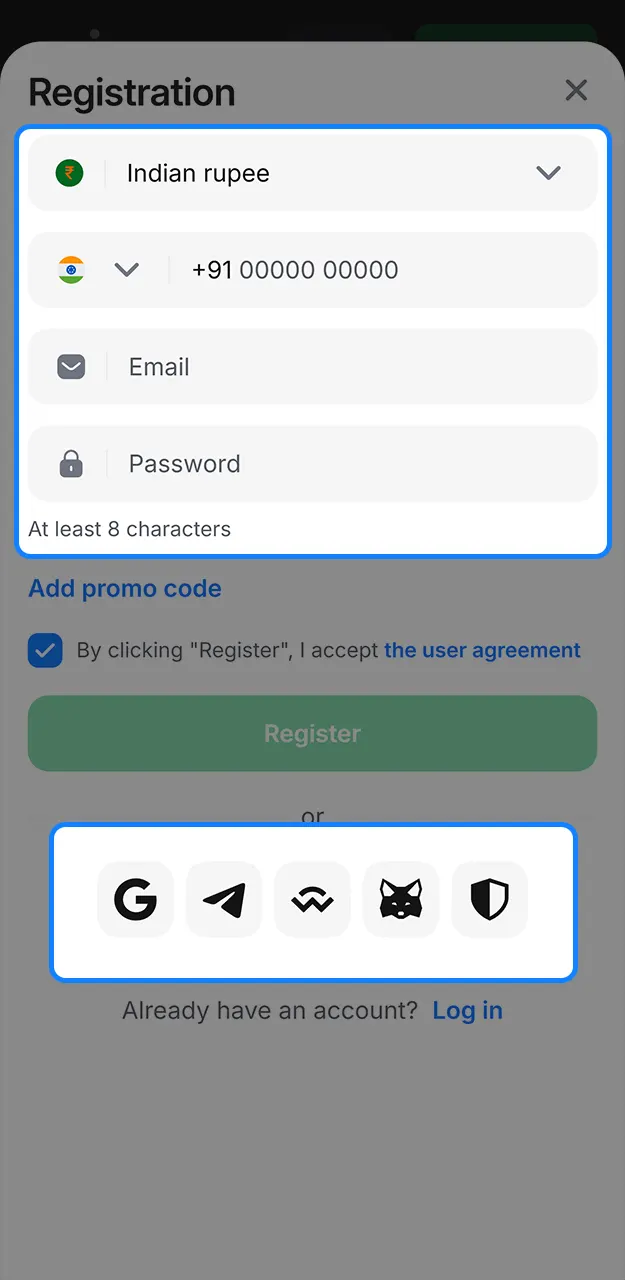 Select your preferred method for registering with 1win.