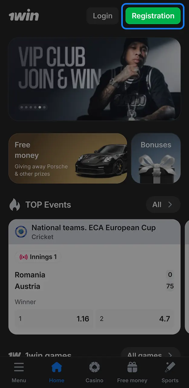Start the registration process on 1win.