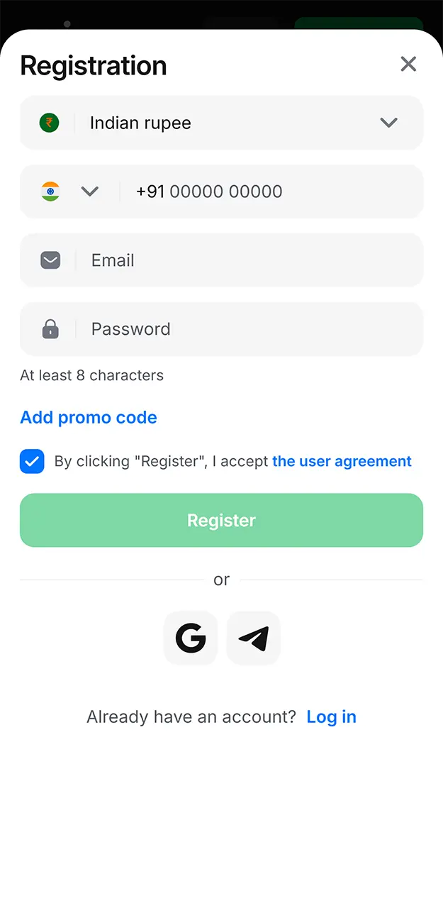 Complete the quick registration process in the 1win app.