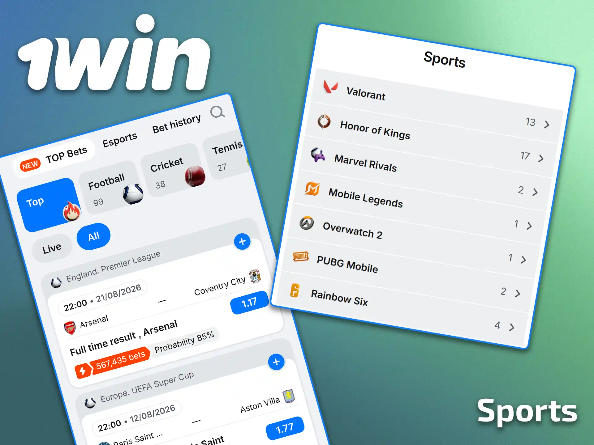 Try sports betting with the 1win mobile app.