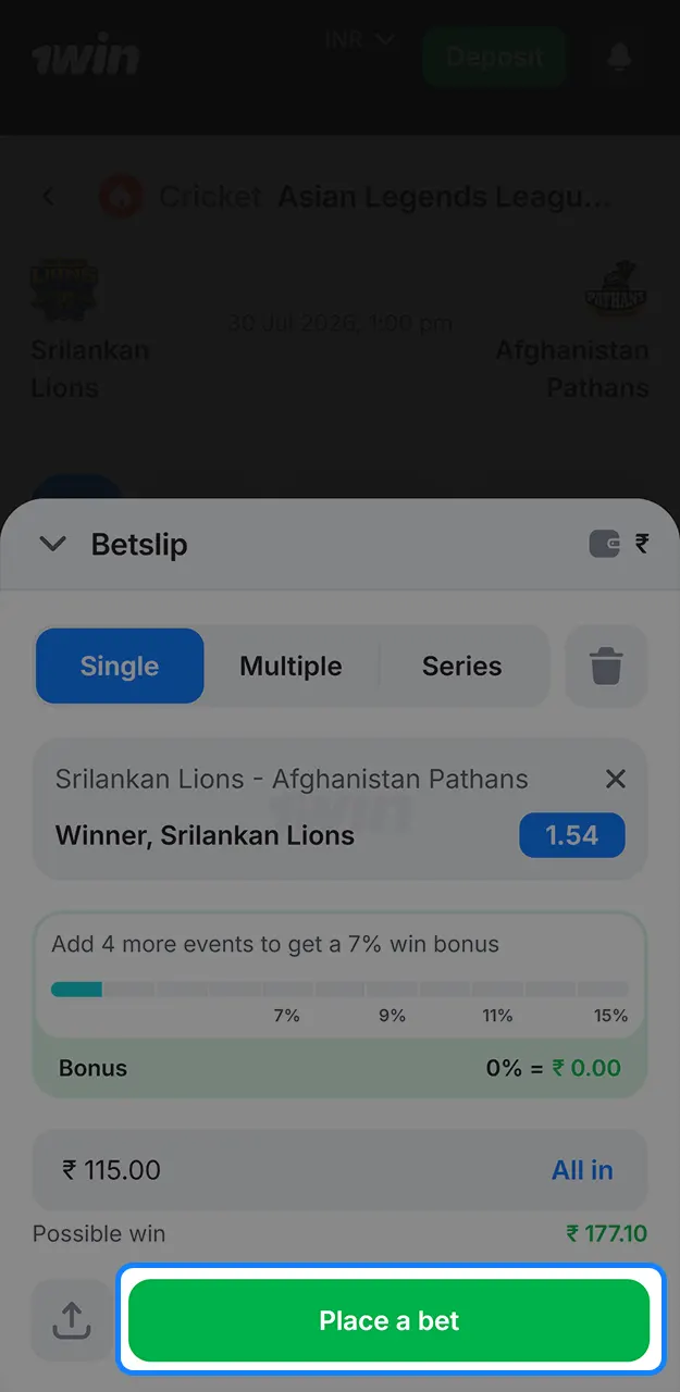 Send your sports prediction coupon and confirm your bet by tapping place bet on 1win.