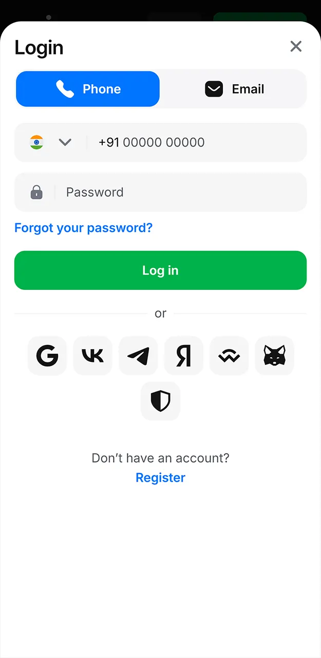 Open the app and log in to your 1win account.