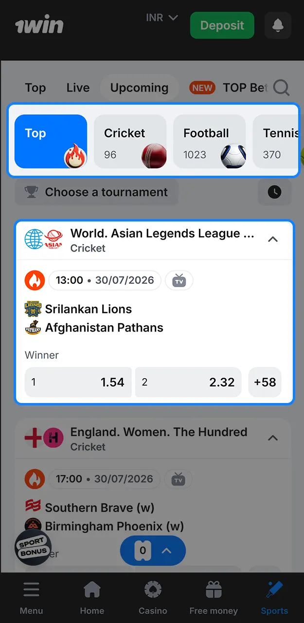 Filter the available matches to select your preferred sport and event on 1win.