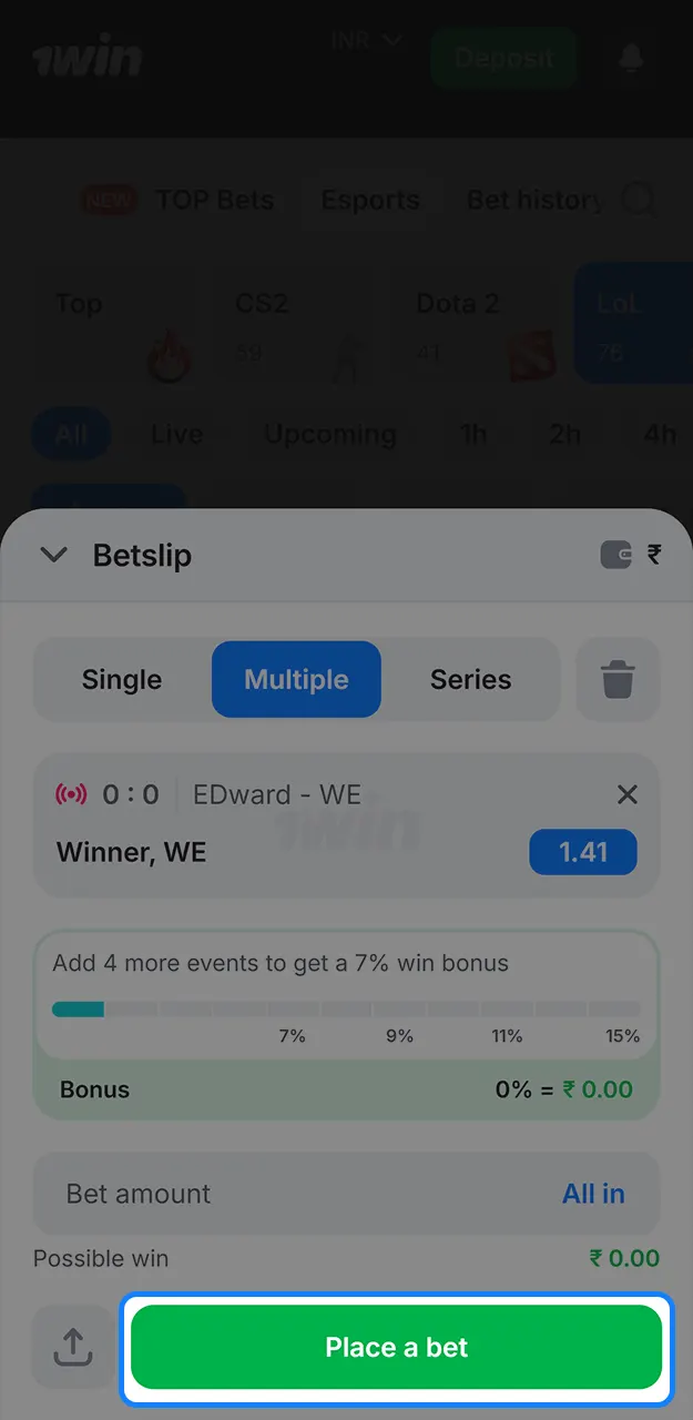 Confirm your bet on 1win.