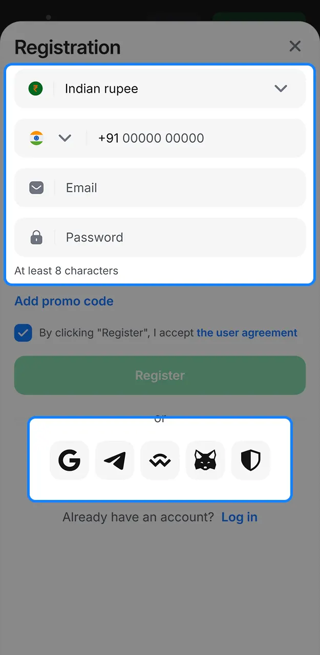 Choose the option that works best for you to create a profile on 1win.