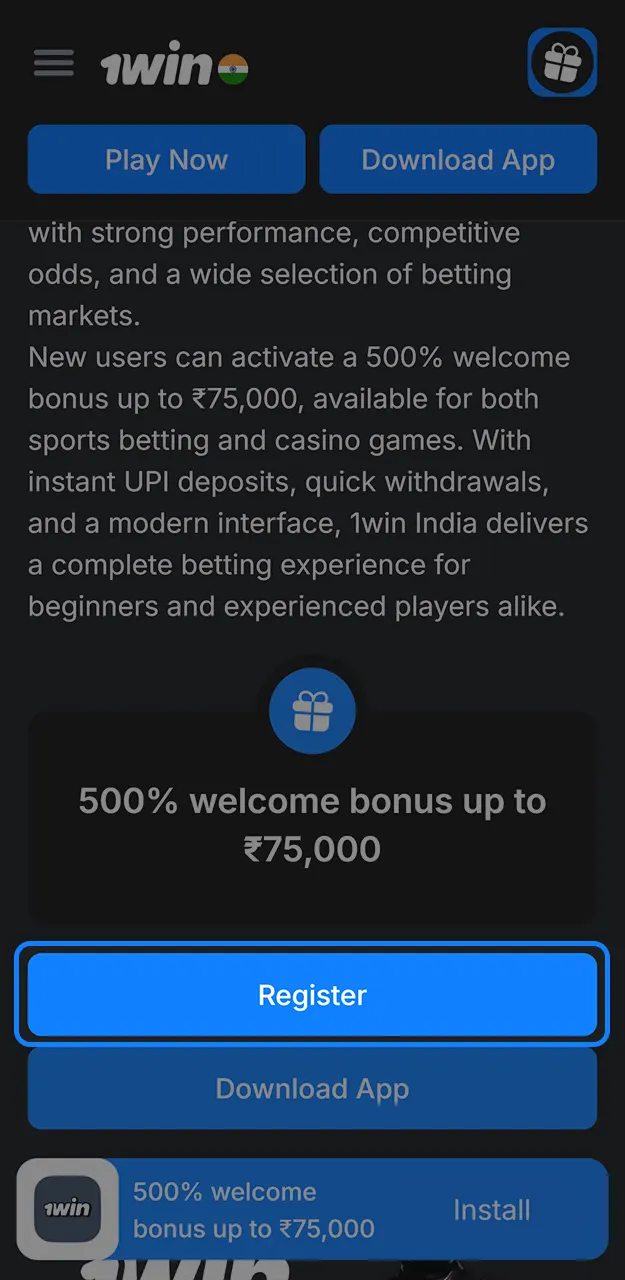 Open the registration window on 1win.
