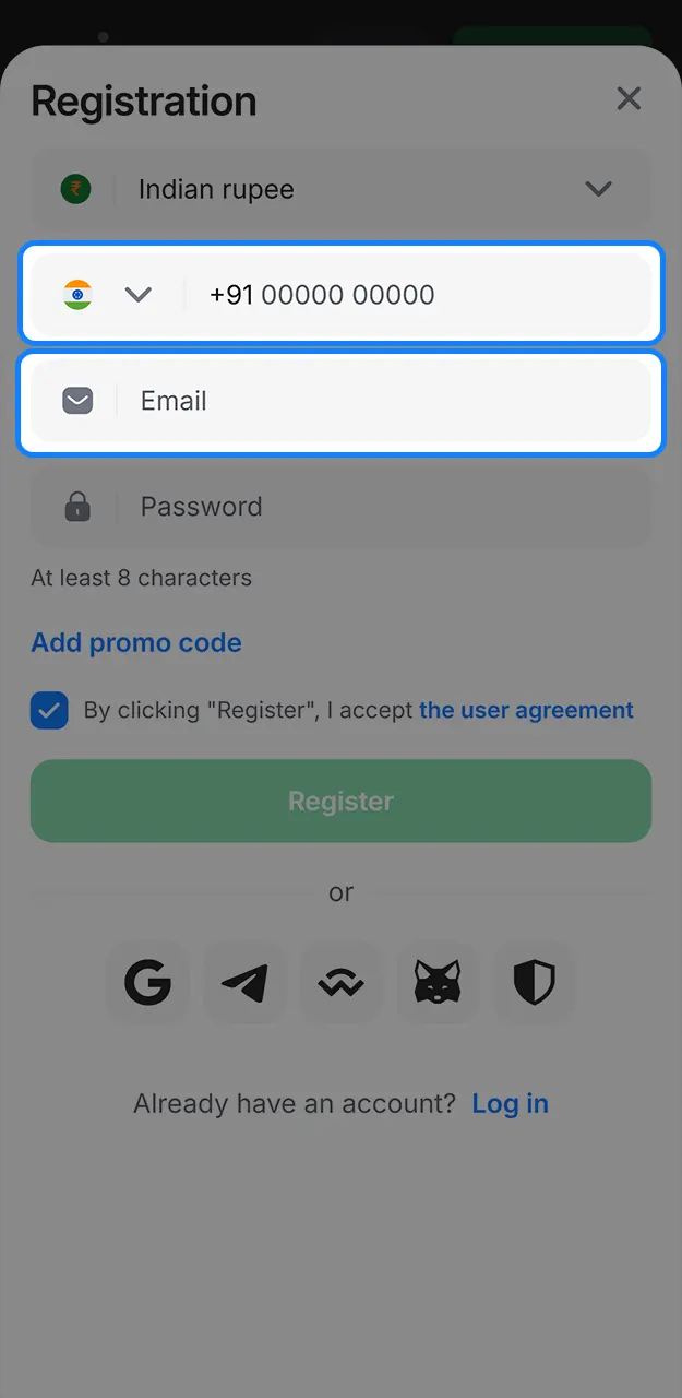 Fill in your contact details and enter your mobile number or email address on 1win.