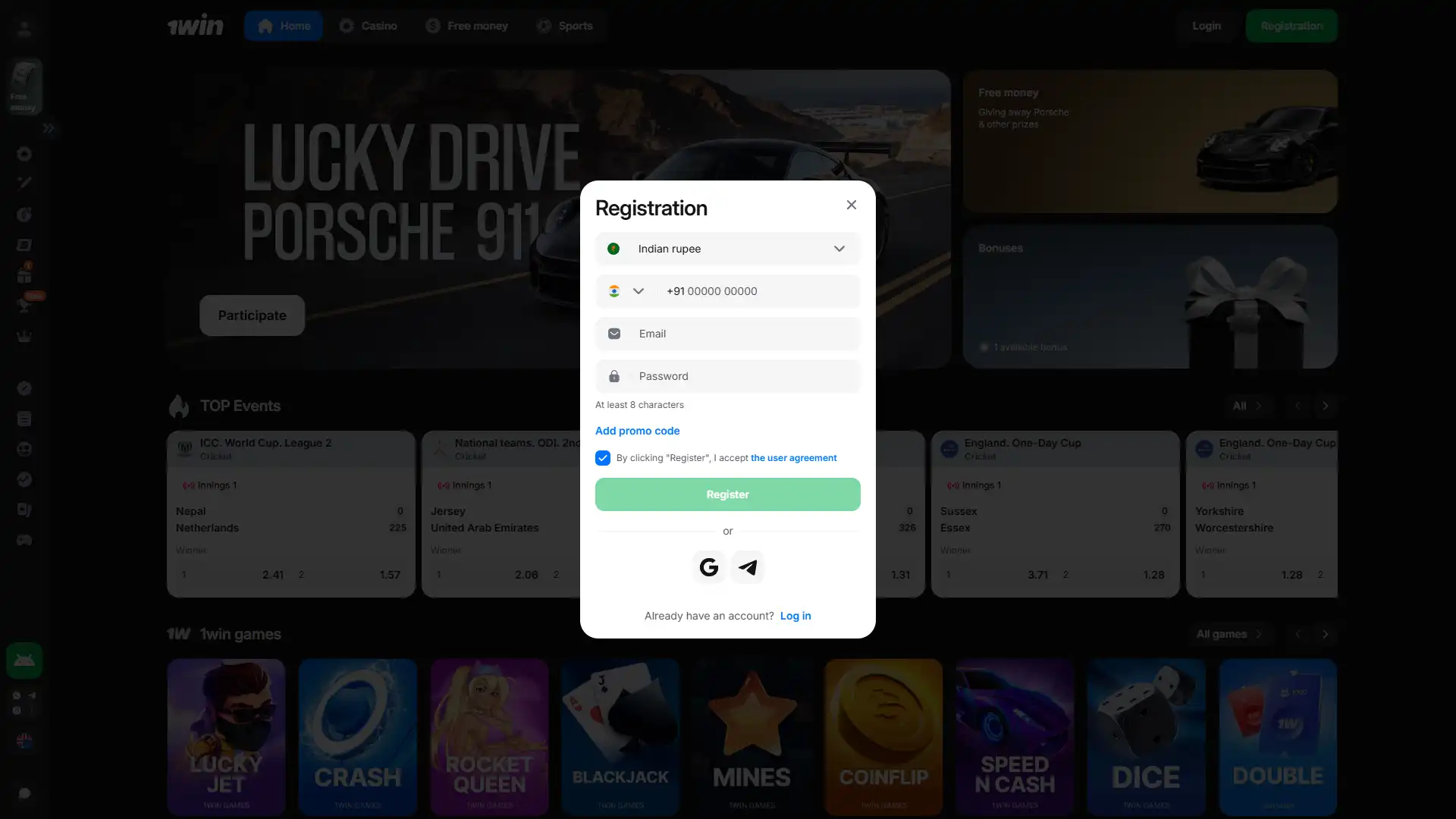 Sign up at 1win using the method that's most convenient for you.