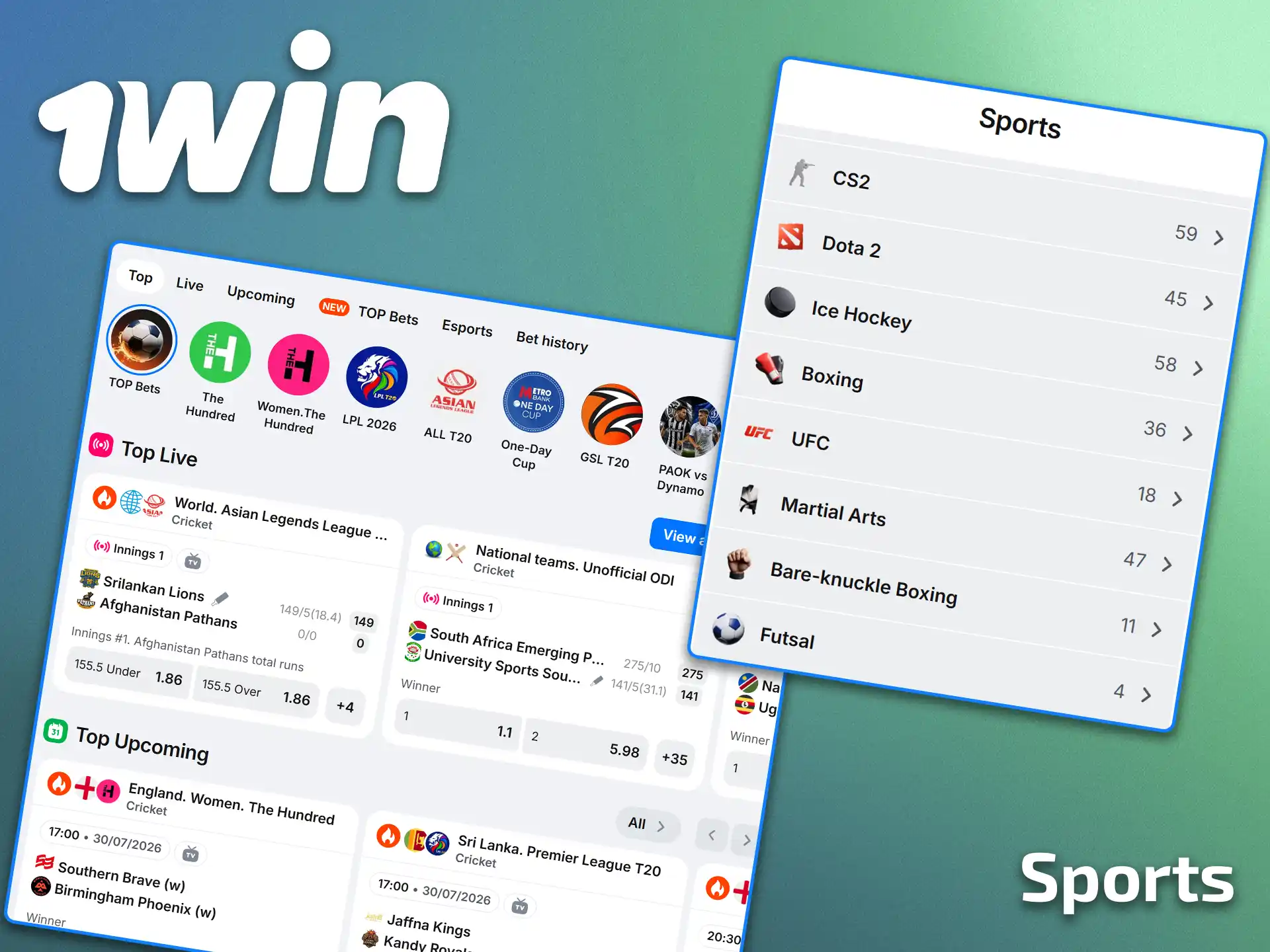 Explore all sports on 1win.