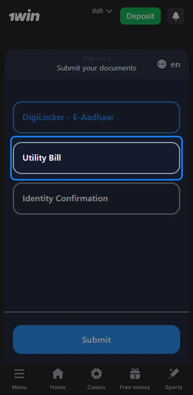 Verify your address on 1win.