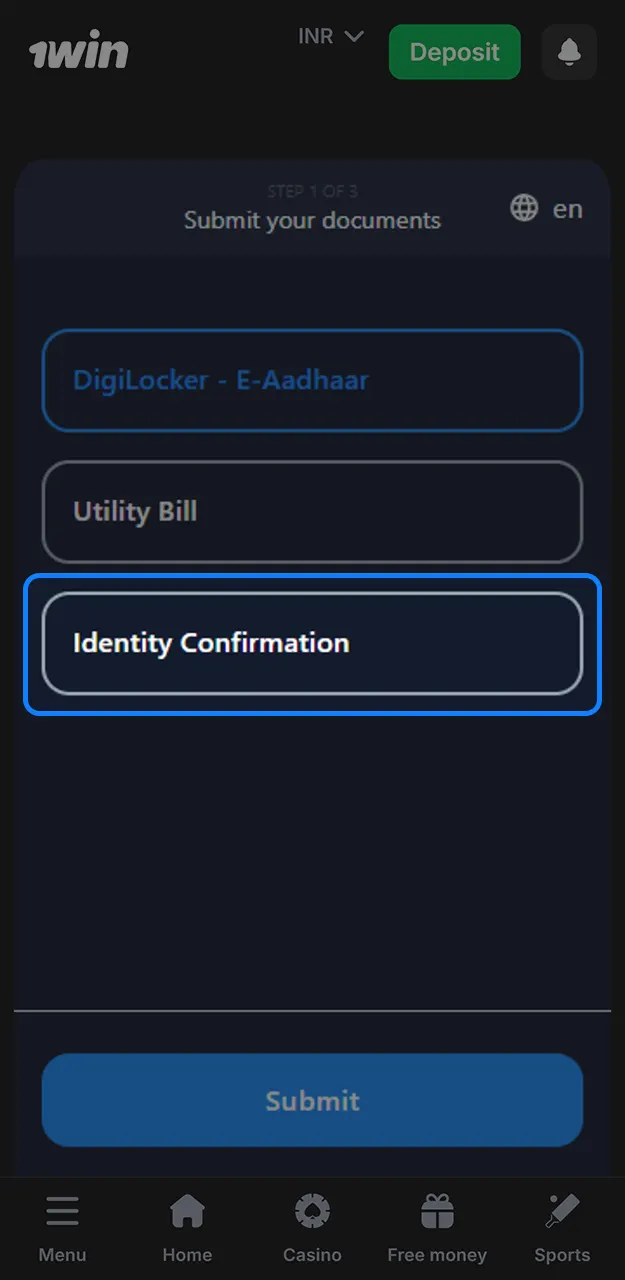 Take a photo with your document and submit a selfie holding your ID for identity confirmation on 1win.