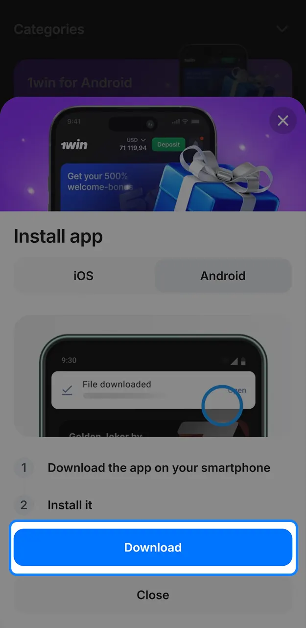 Download the 1win app and enter the promo code when you sign up.