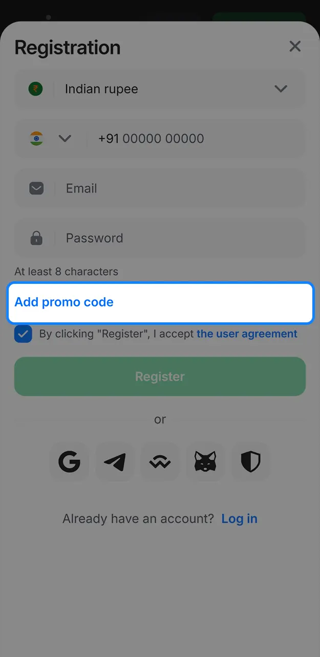 Fill in the registration form field and enter the promo code on 1win.