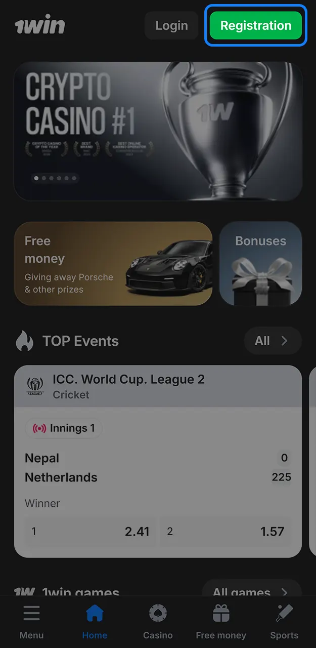 Create your personal profile and register on 1win.