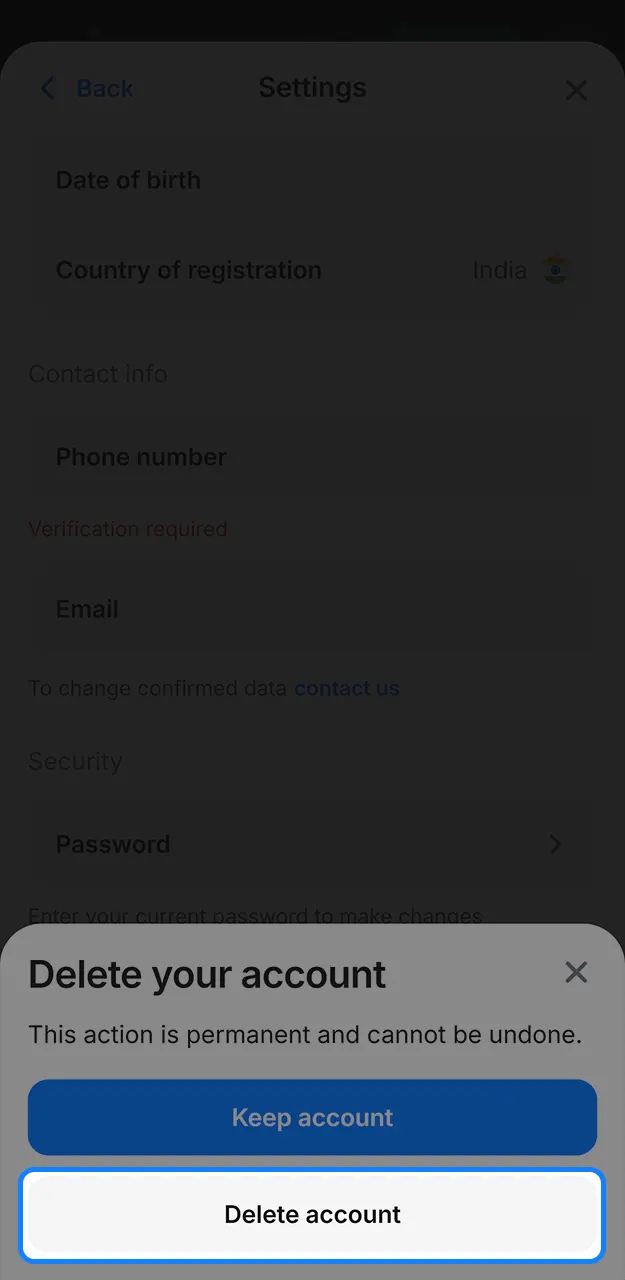 Confirm the deletion of your 1win account.