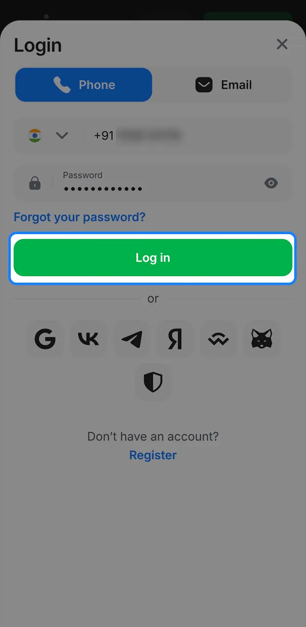 Select the method you want and log in to 1win.