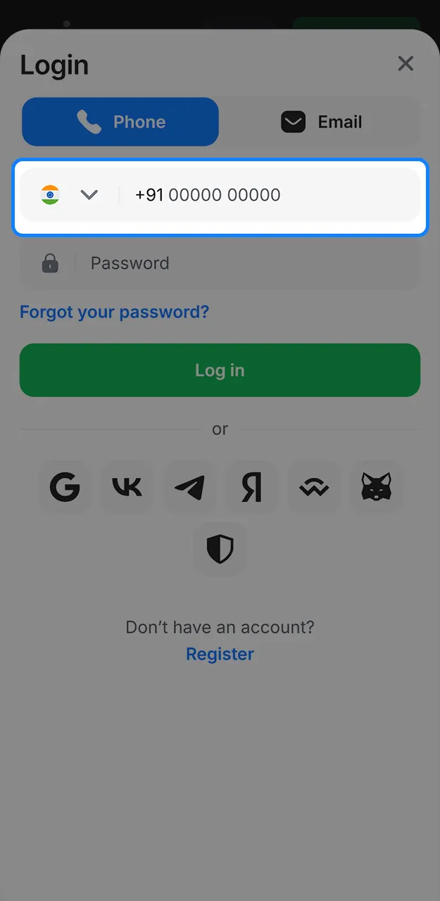 Enter your phone number to log in to 1win.